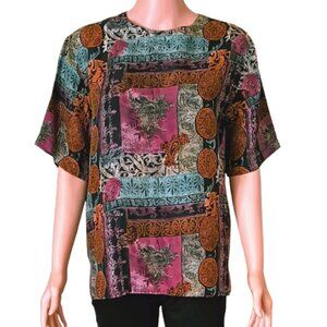 Vintage Stunt 100% Silk Blouse M Short Sleeve Mixed Print Top Side Slits